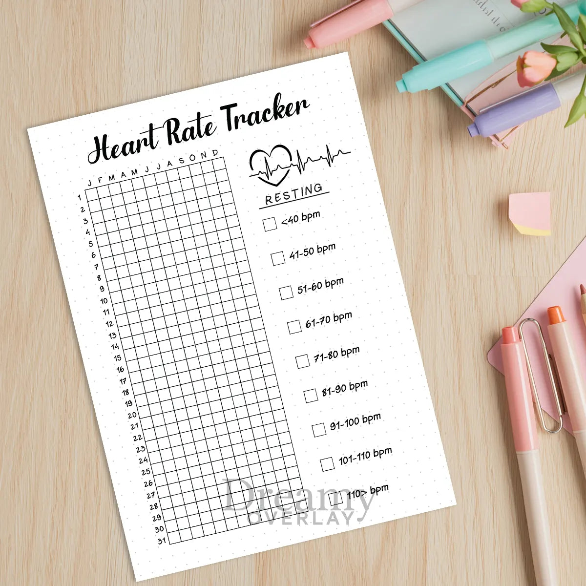 Printable heart rate tracker printable journal page in A4, A5 and US Letter size