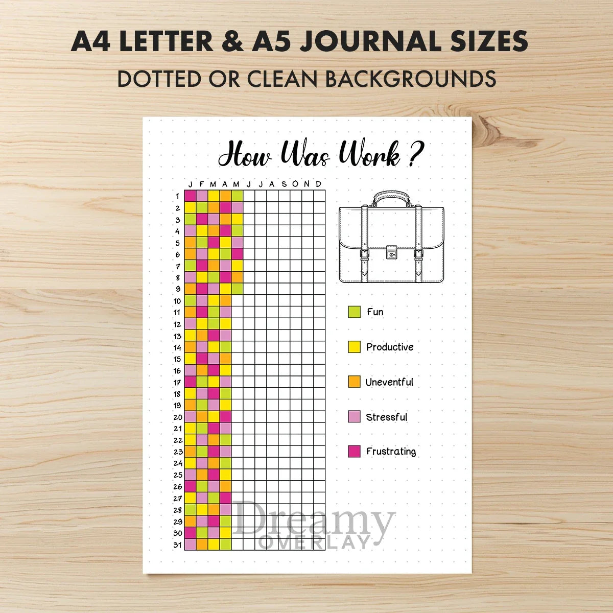 Printable how was work tracker journal page in A4, A5 and US Letter size