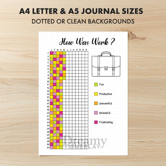 Printable how was work tracker journal page in A4, A5 and US Letter size