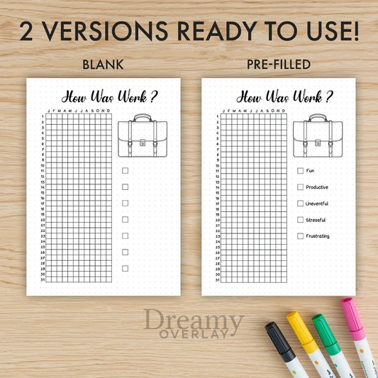 Printable how was work tracker journal page in A4, A5 and US Letter size
