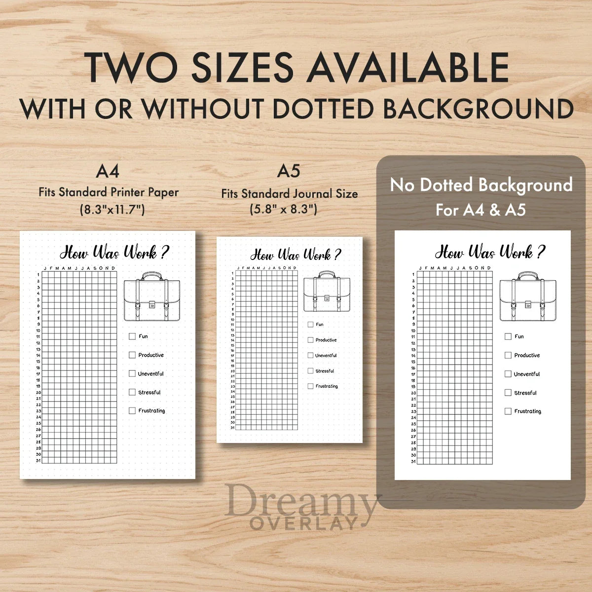 Printable how was work tracker journal page in A4, A5 and US Letter size