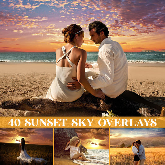Sunset Sky Overlay for Photoshop - Realistic Golden Hour & Cloud Backdrops - Instant Digital Download