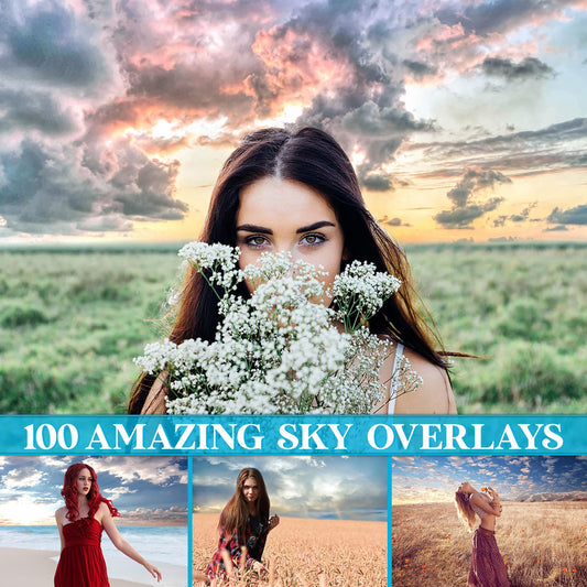 Dreamy Sky Overlays for Photoshop - Pastel Sunset & Dramatic Cloud Effects - Instant Digital Download