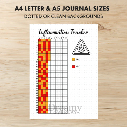 Printable inflammation tracker printable journal page in A4, A5 and US Letter size