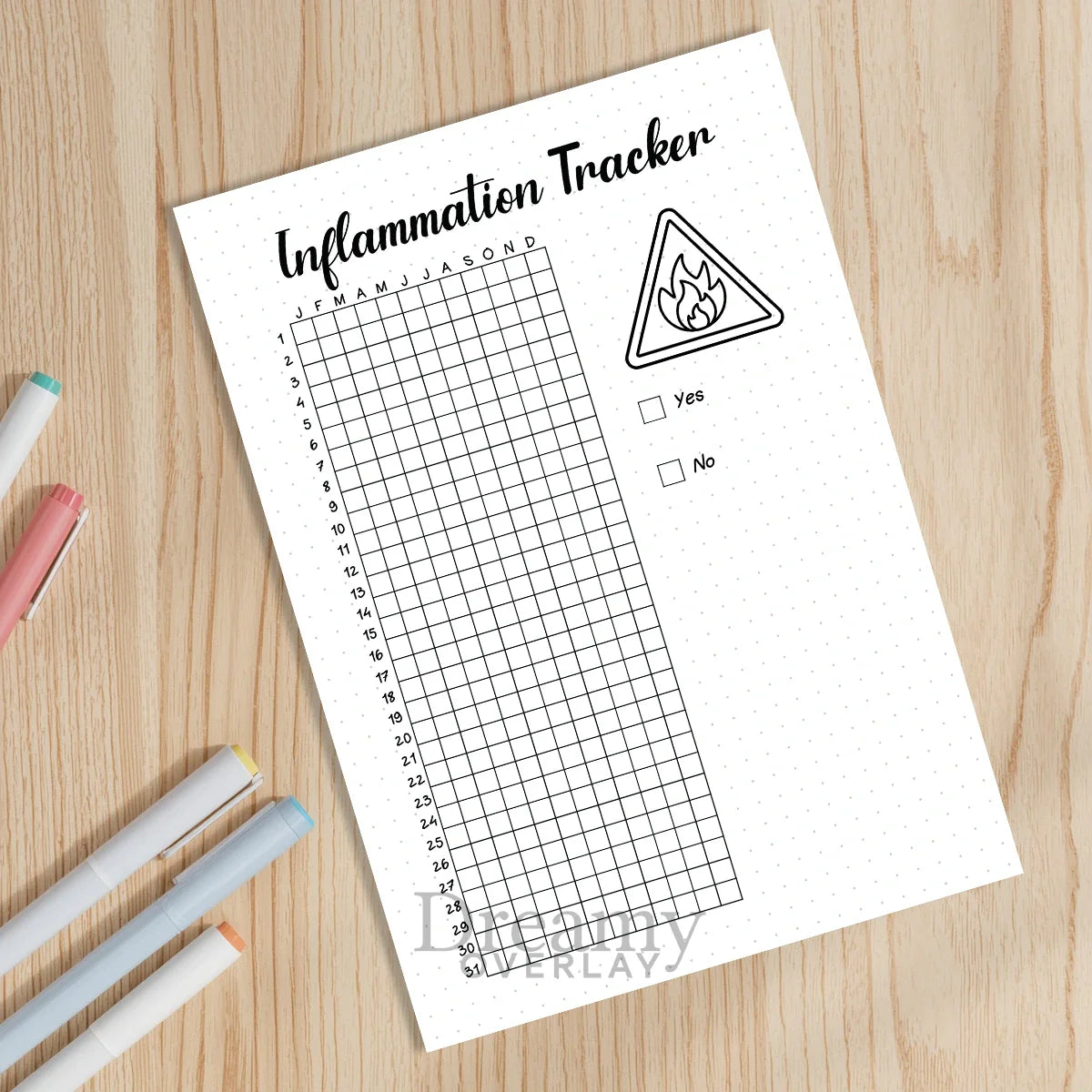 Printable inflammation tracker printable journal page in A4, A5 and US Letter size