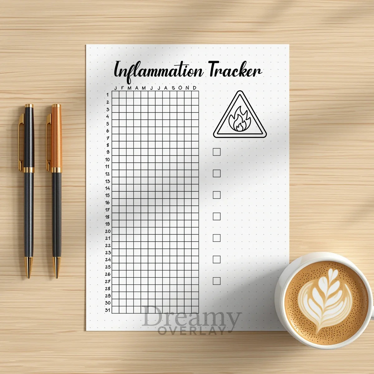 Printable inflammation tracker printable journal page in A4, A5 and US Letter size
