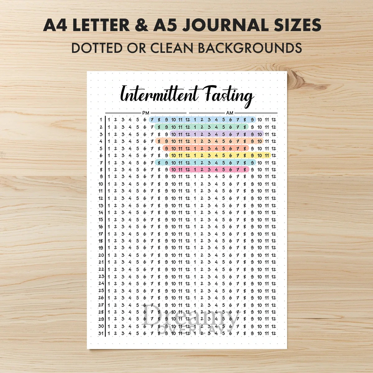 Printable intermittent fasting tracker printable journal page in A4, A5 and US Letter size