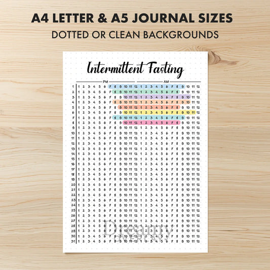 Printable intermittent fasting tracker printable journal page in A4, A5 and US Letter size