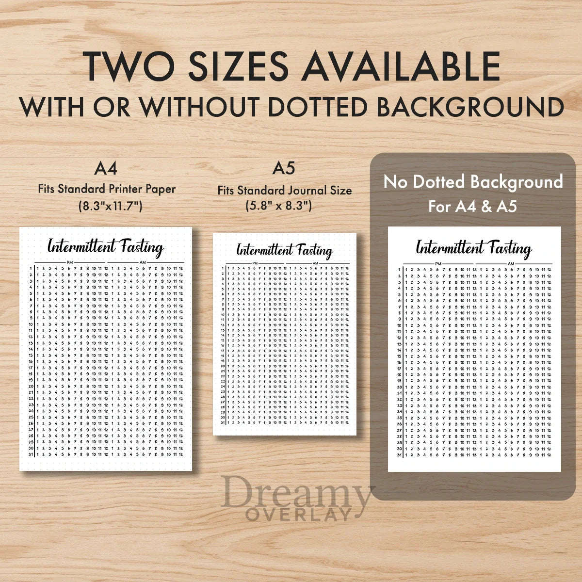 Printable intermittent fasting tracker printable journal page in A4, A5 and US Letter size