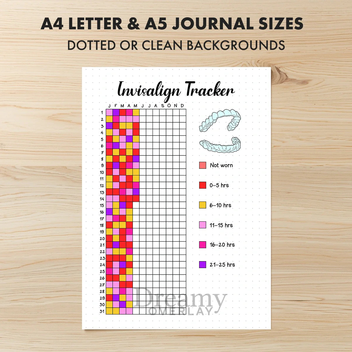 Printable invisalign tracker yearly printable journal page in A4, A5 and US Letter size