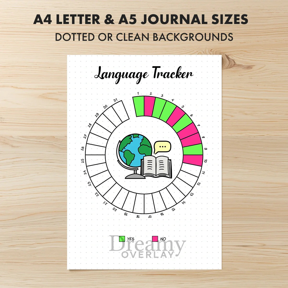 Printable language tracker monthly printable journal page in A4, A5 and US Letter size