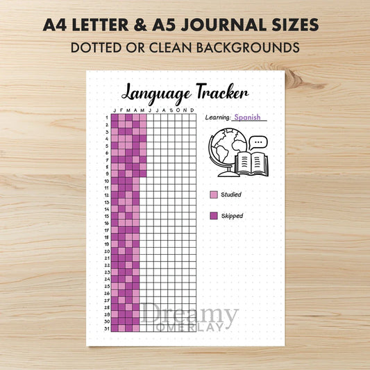 Printable language tracker journal page in A4, A5 and US Letter size