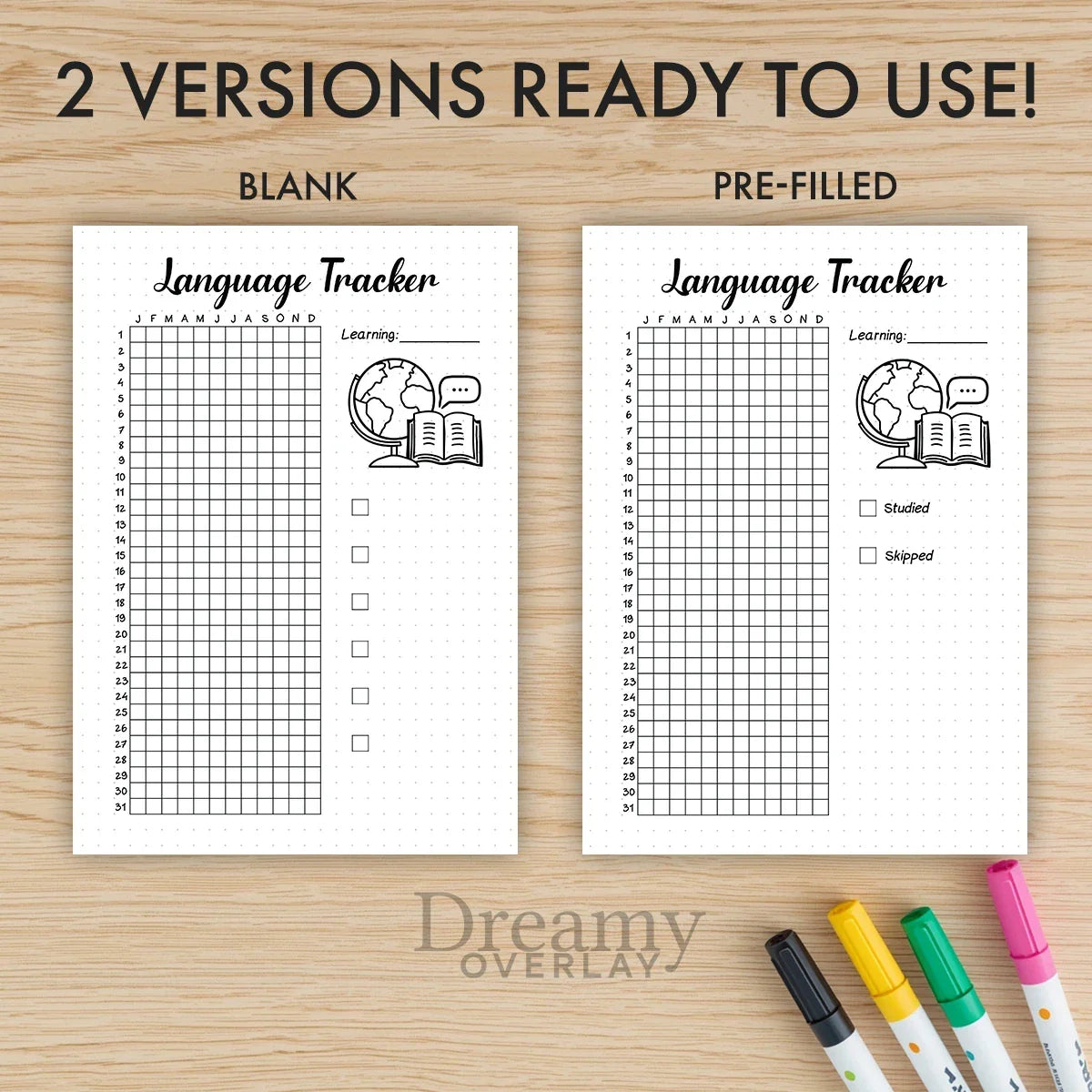 Printable language tracker journal page in A4, A5 and US Letter size