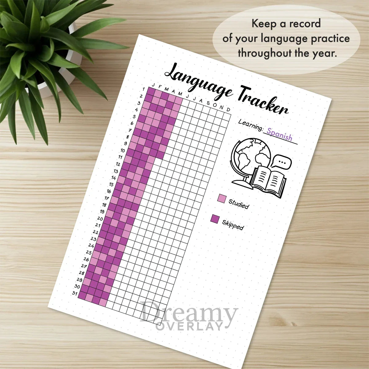 Printable language tracker journal page in A4, A5 and US Letter size