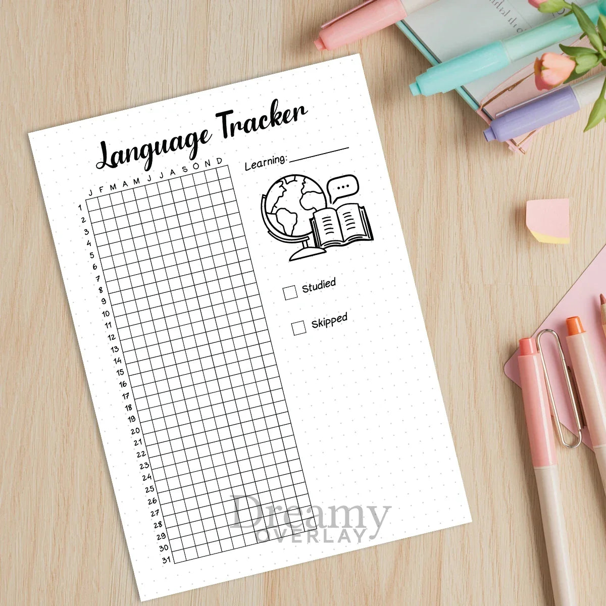 Printable language tracker journal page in A4, A5 and US Letter size