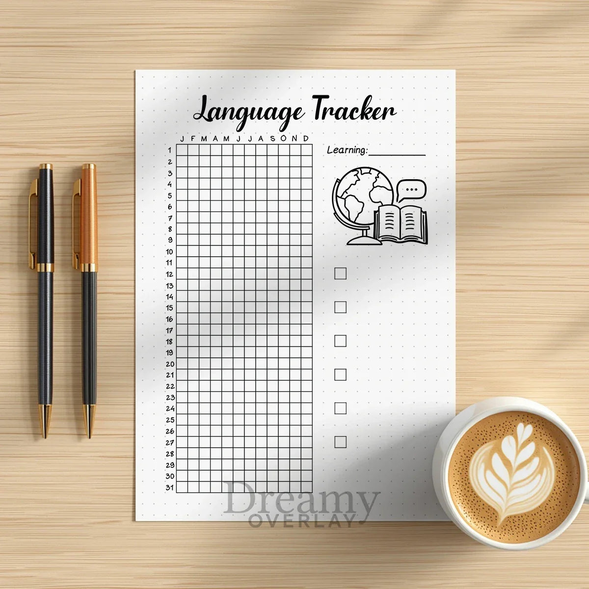 Printable language tracker journal page in A4, A5 and US Letter size