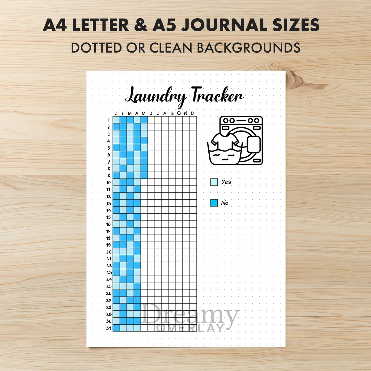 Printable laundry tracker printable journal page in A4, A5 and US Letter size