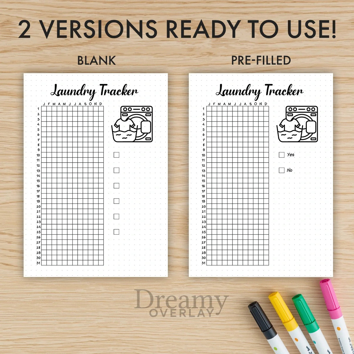 Printable laundry tracker printable journal page in A4, A5 and US Letter size
