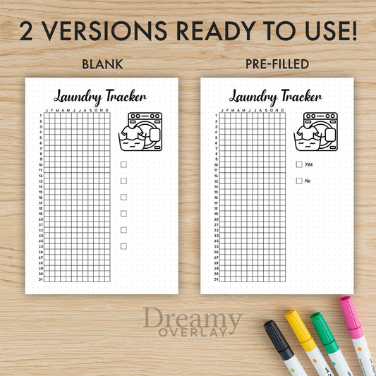 Printable laundry tracker printable journal page in A4, A5 and US Letter size