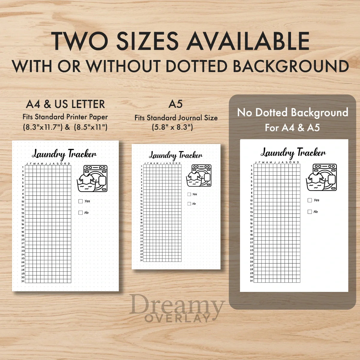 Printable laundry tracker printable journal page in A4, A5 and US Letter size