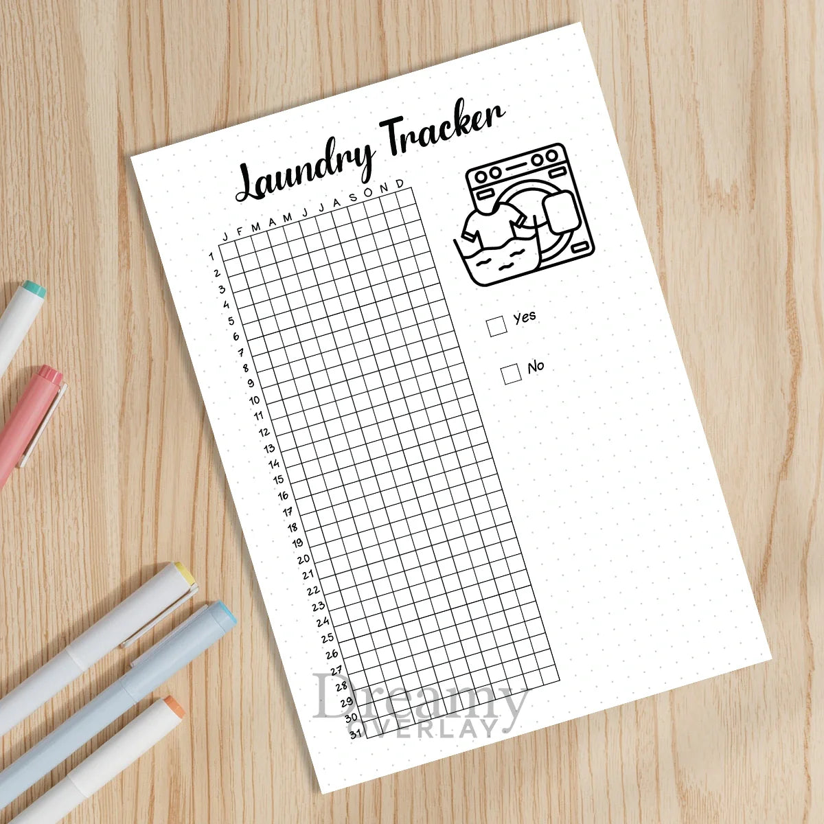 Printable laundry tracker printable journal page in A4, A5 and US Letter size