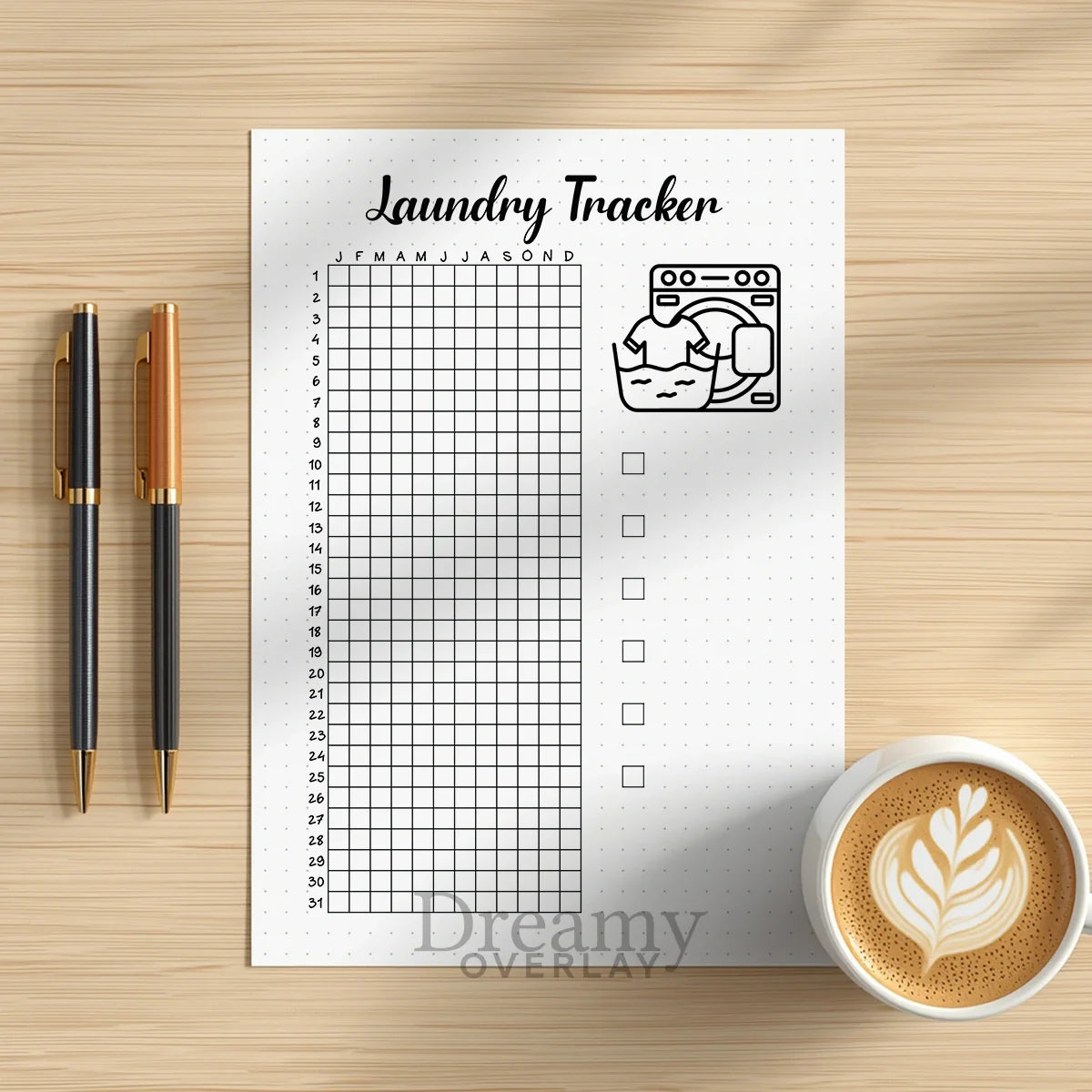 Printable laundry tracker printable journal page in A4, A5 and US Letter size