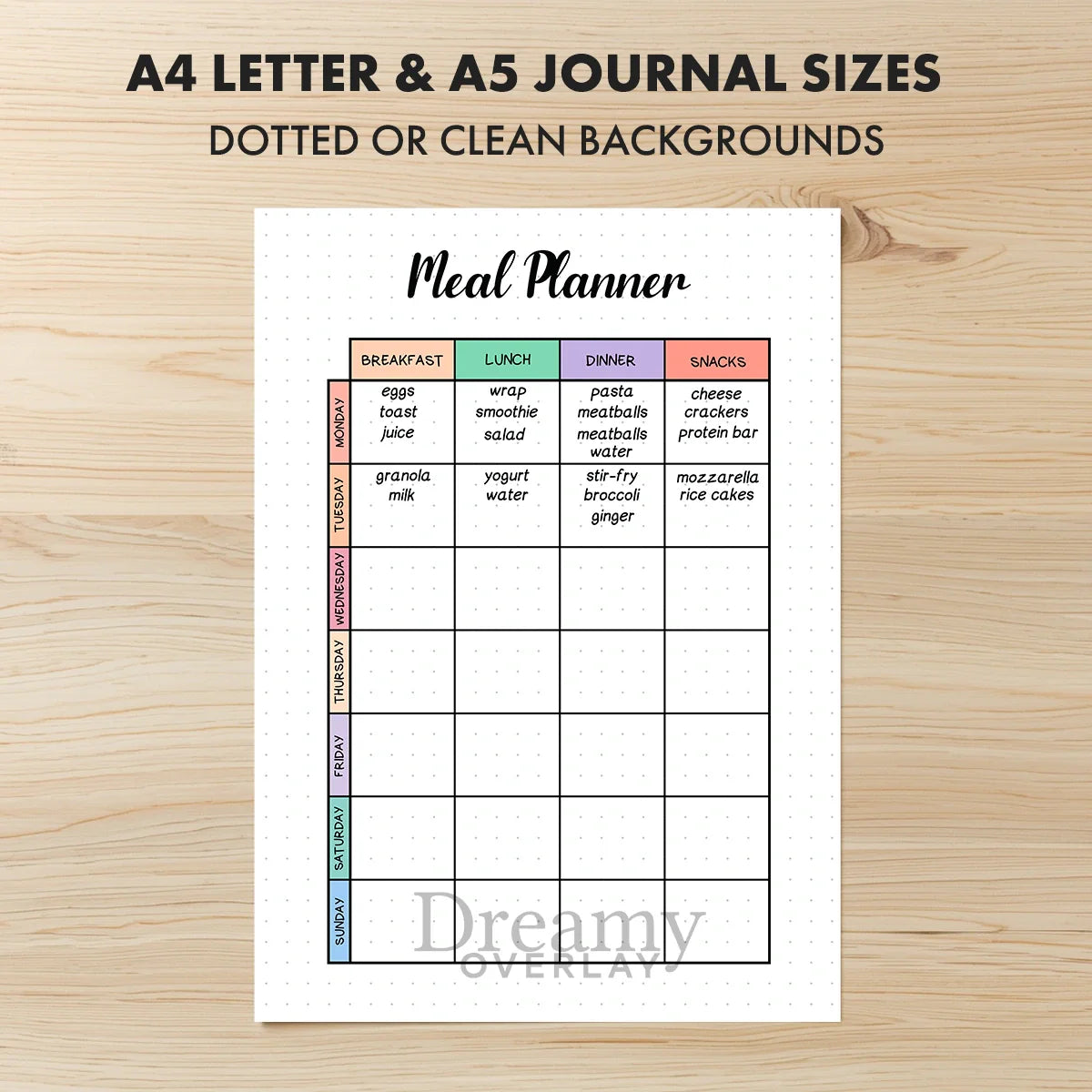 Printable meal planner tracker monthly printable journal page in A4, A5 and US Letter size