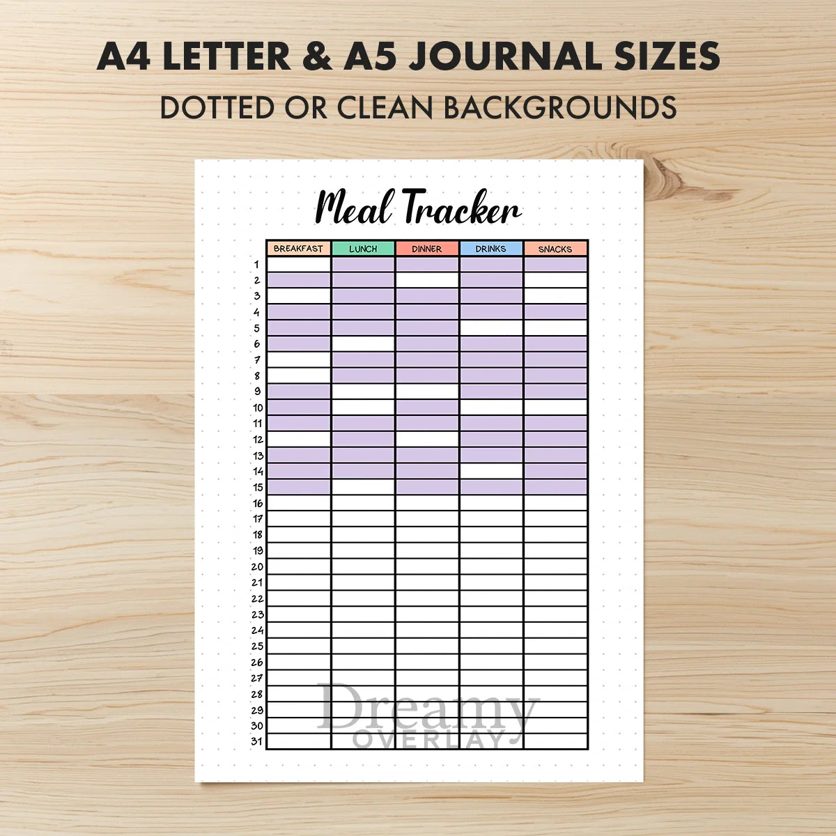 Printable meal tracker printable journal page in A4, A5 and US Letter size