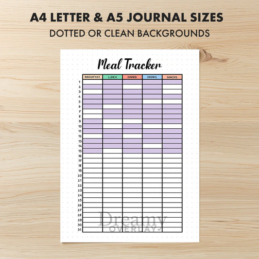 Printable meal tracker printable journal page in A4, A5 and US Letter size