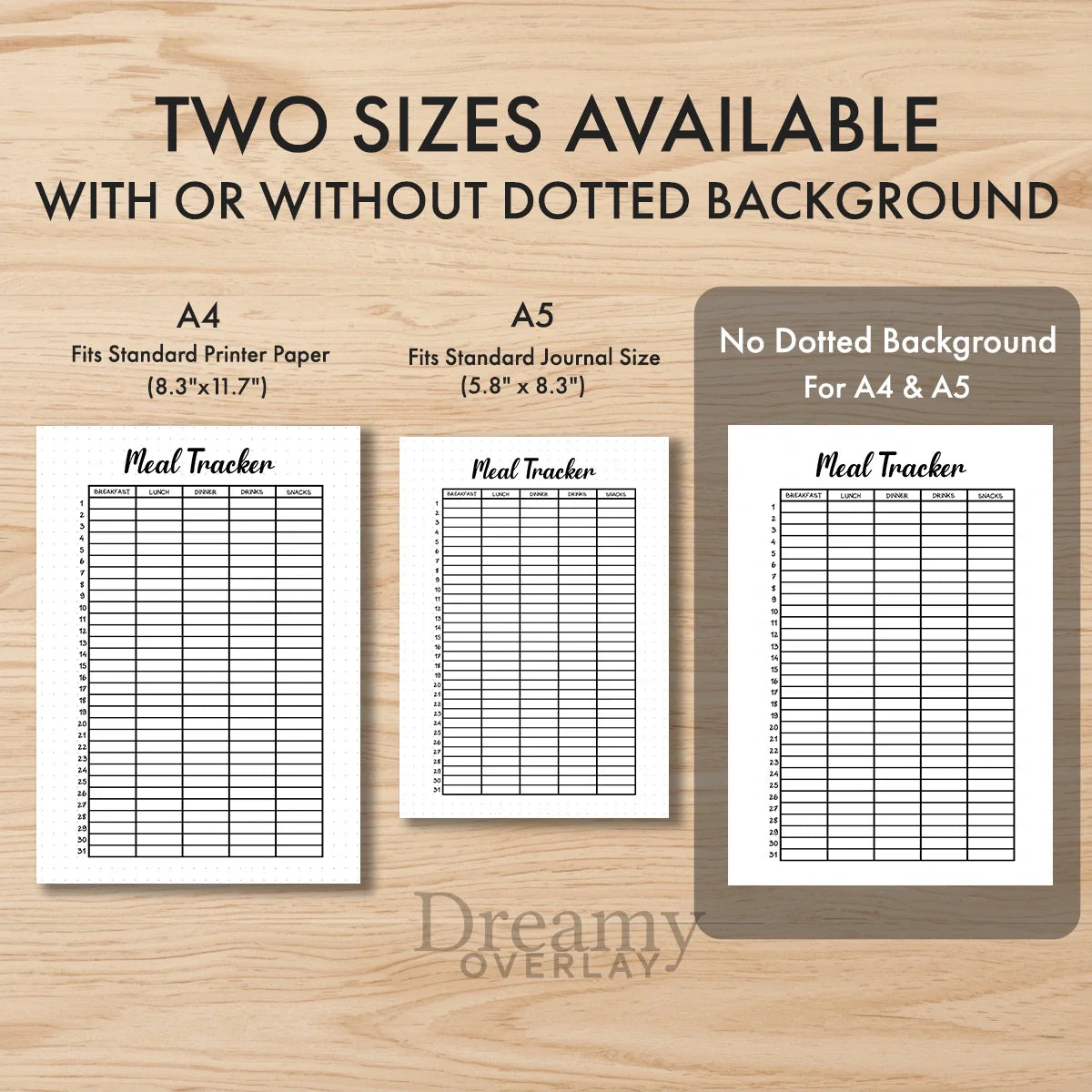 Printable meal tracker printable journal page in A4, A5 and US Letter size