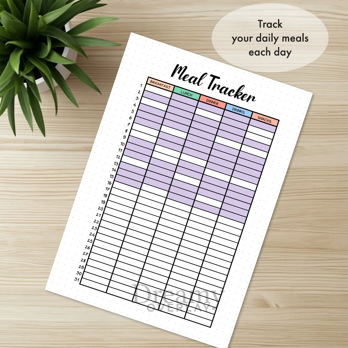 Printable meal tracker printable journal page in A4, A5 and US Letter size