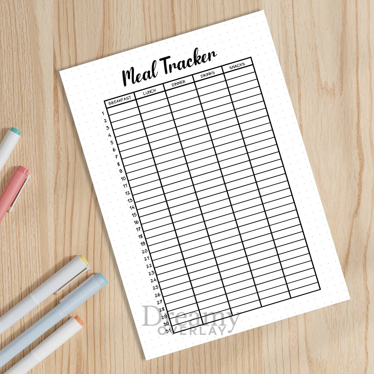 Printable meal tracker printable journal page in A4, A5 and US Letter size