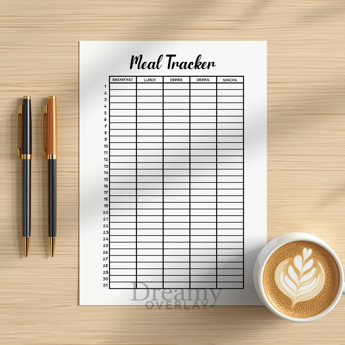 Printable meal tracker printable journal page in A4, A5 and US Letter size