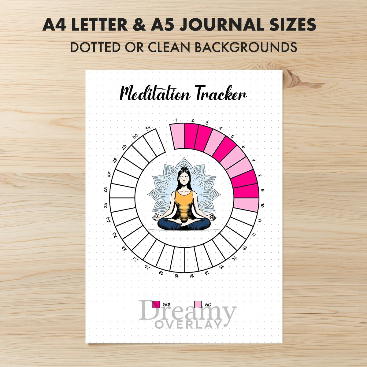 Printable meditation tracker monthly printable journal page in A4, A5 and US Letter size