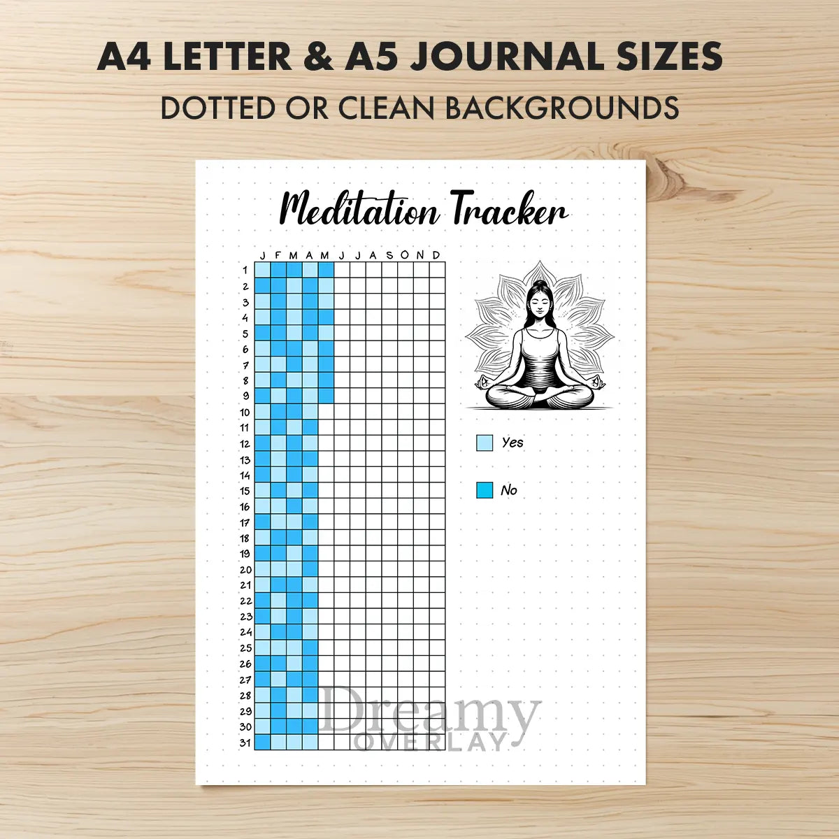 Printable meditation tracker yearly printable journal page in A4, A5 and US Letter size