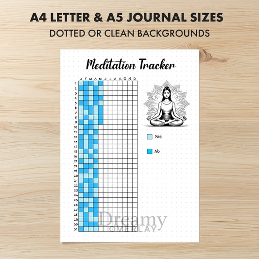 Printable meditation tracker yearly printable journal page in A4, A5 and US Letter size