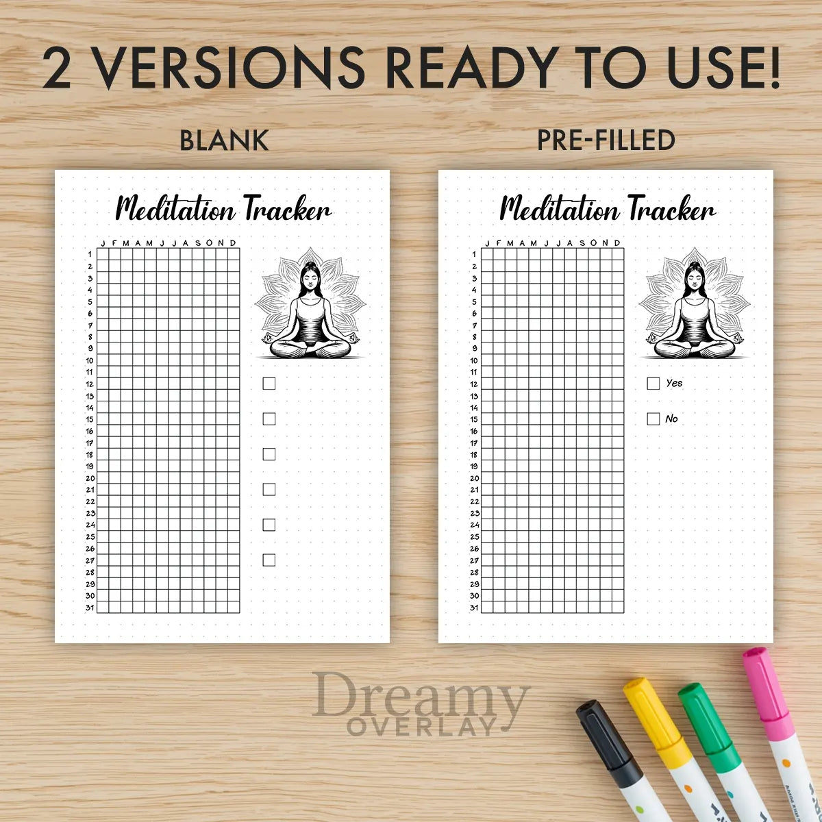 Printable meditation tracker yearly printable journal page in A4, A5 and US Letter size