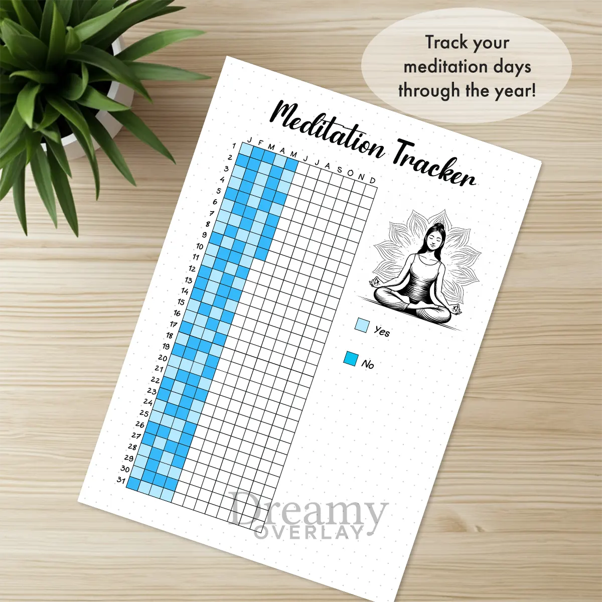Printable meditation tracker yearly printable journal page in A4, A5 and US Letter size