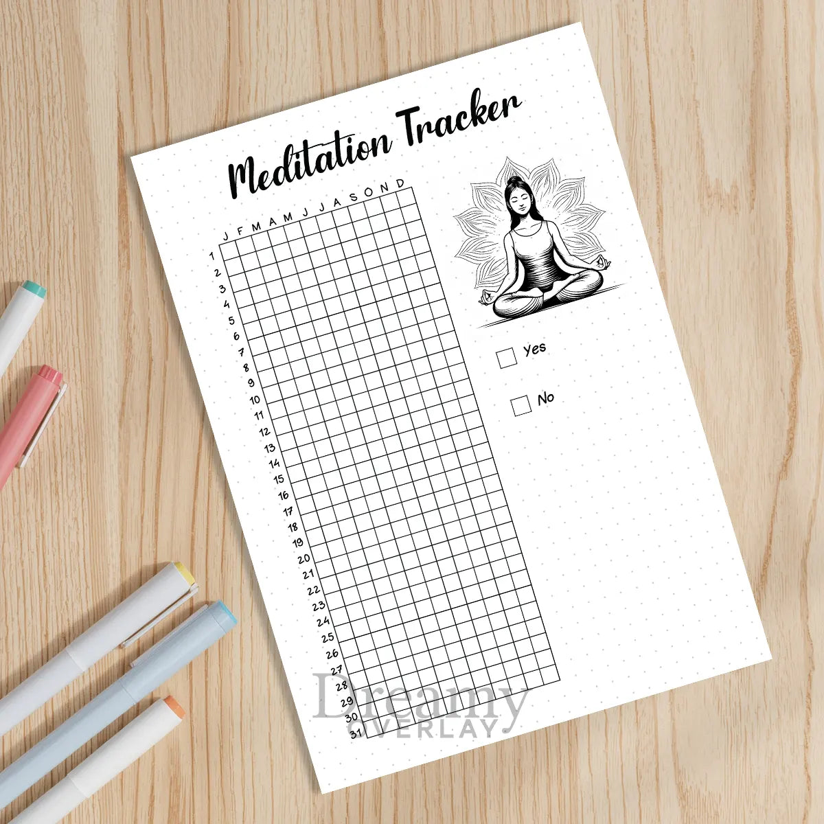 Printable meditation tracker yearly printable journal page in A4, A5 and US Letter size