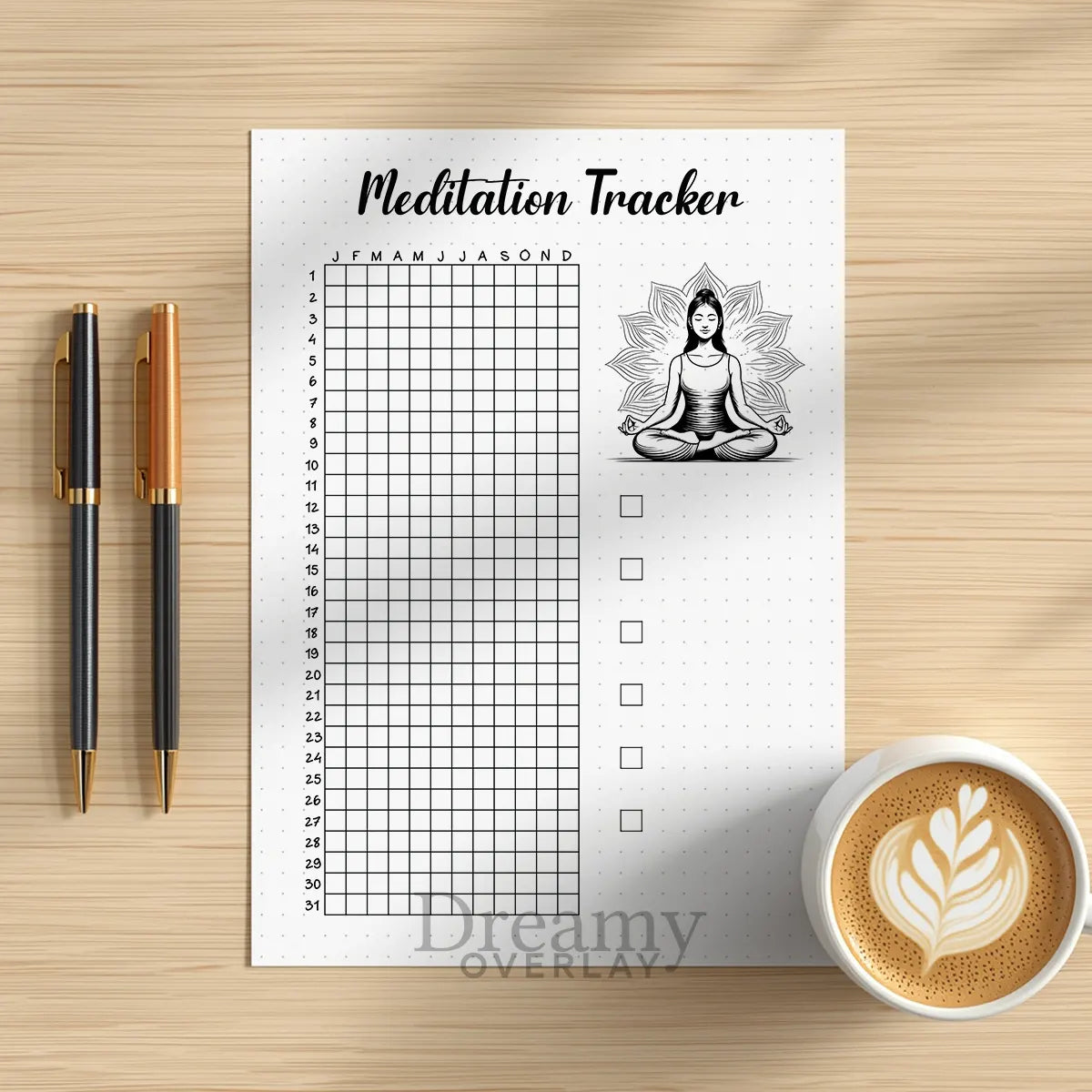 Printable meditation tracker yearly printable journal page in A4, A5 and US Letter size