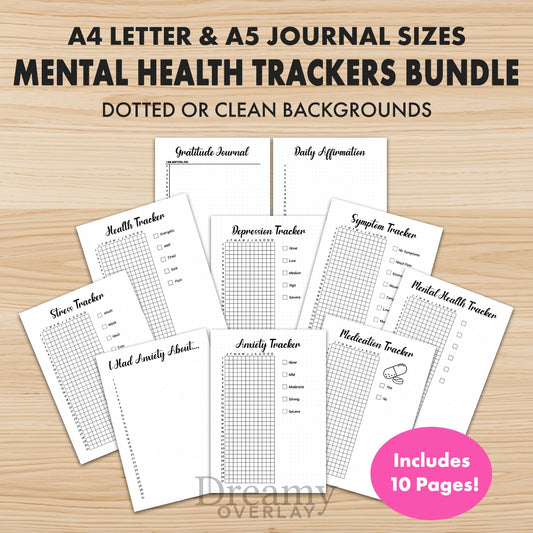 Printable mental health trackers bundle monthly printable journal page in A4, A5 and US Letter size