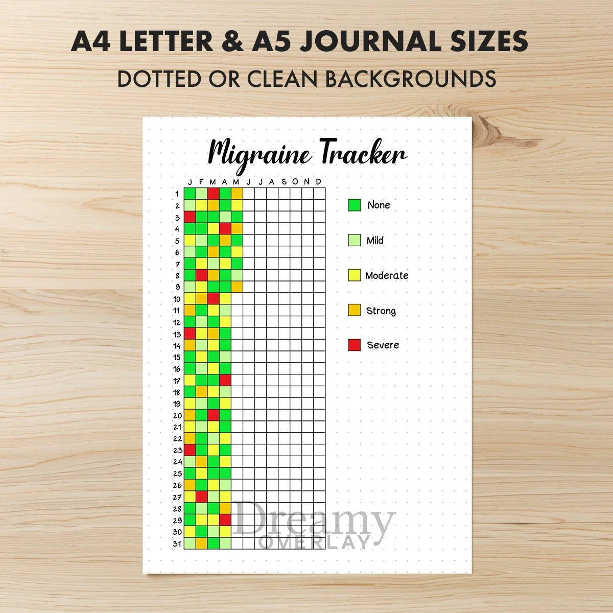 Printable migraine tracker journal page in A4, A5 and US Letter size