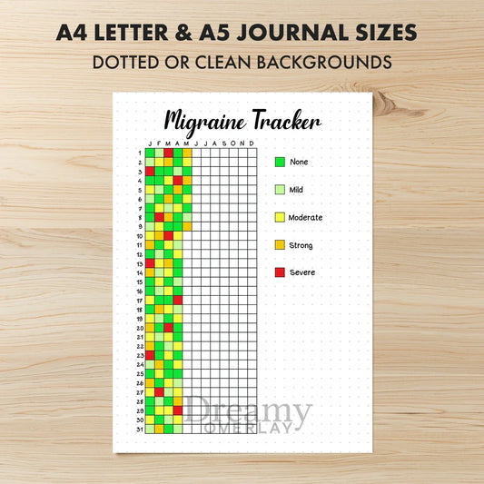Printable migraine tracker journal page in A4, A5 and US Letter size