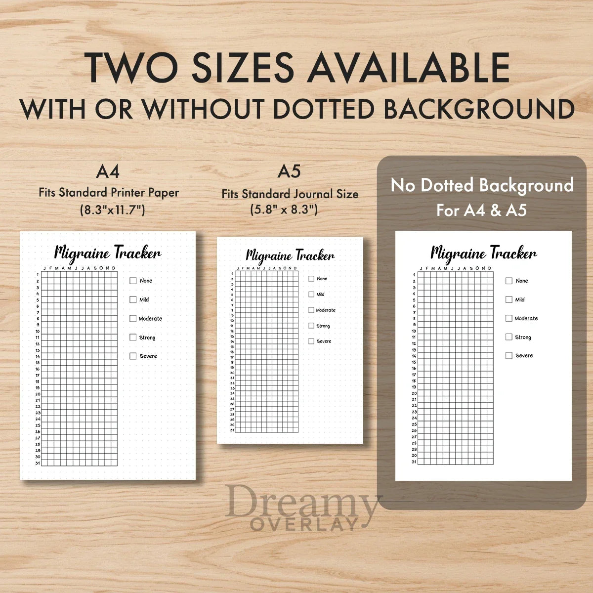 Printable migraine tracker journal page in A4, A5 and US Letter size