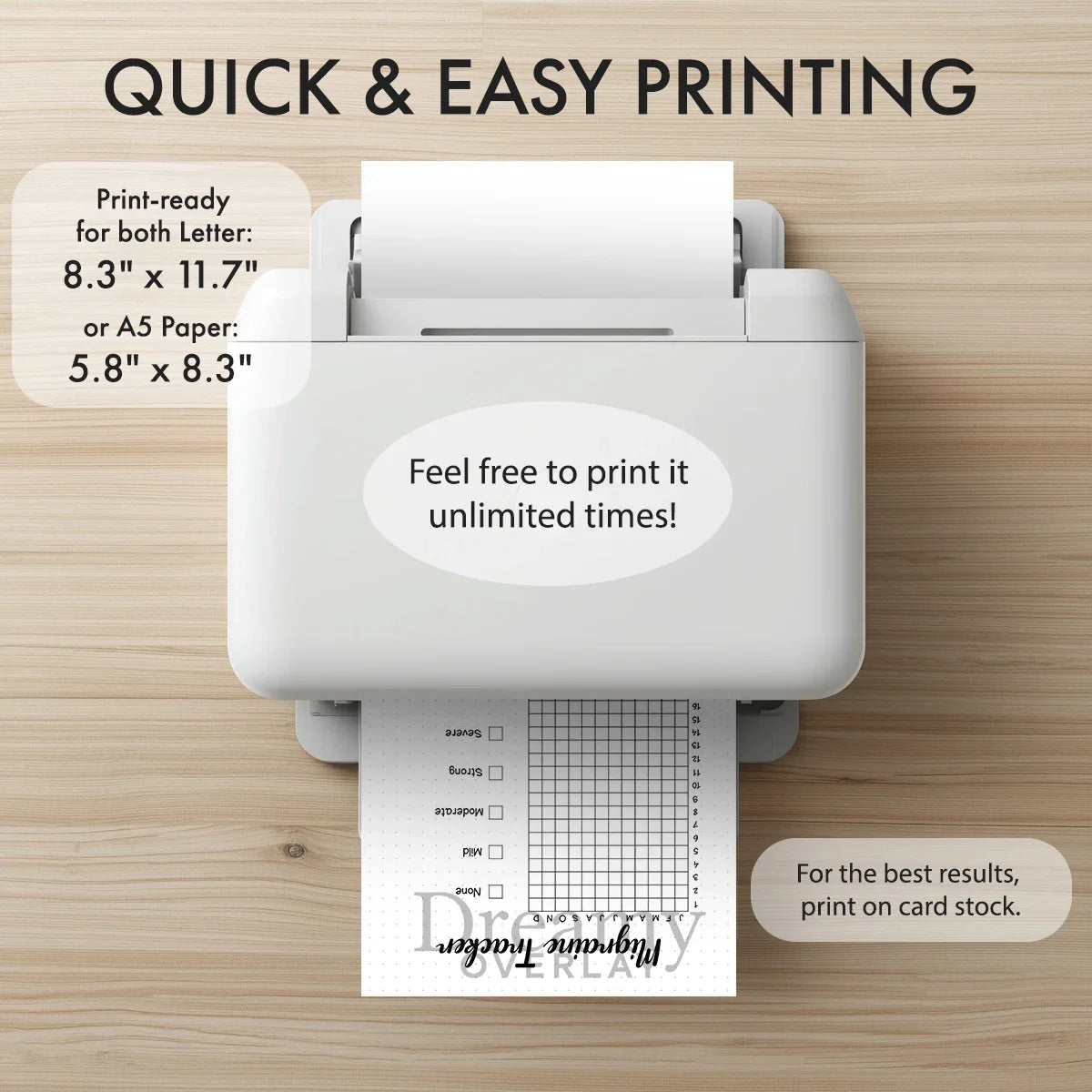 Printable migraine tracker journal page in A4, A5 and US Letter size