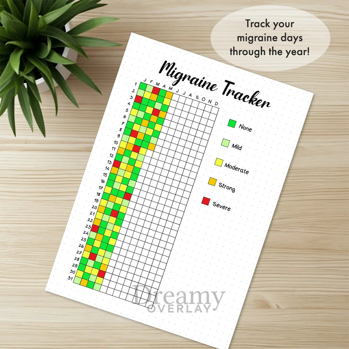 Printable migraine tracker journal page in A4, A5 and US Letter size