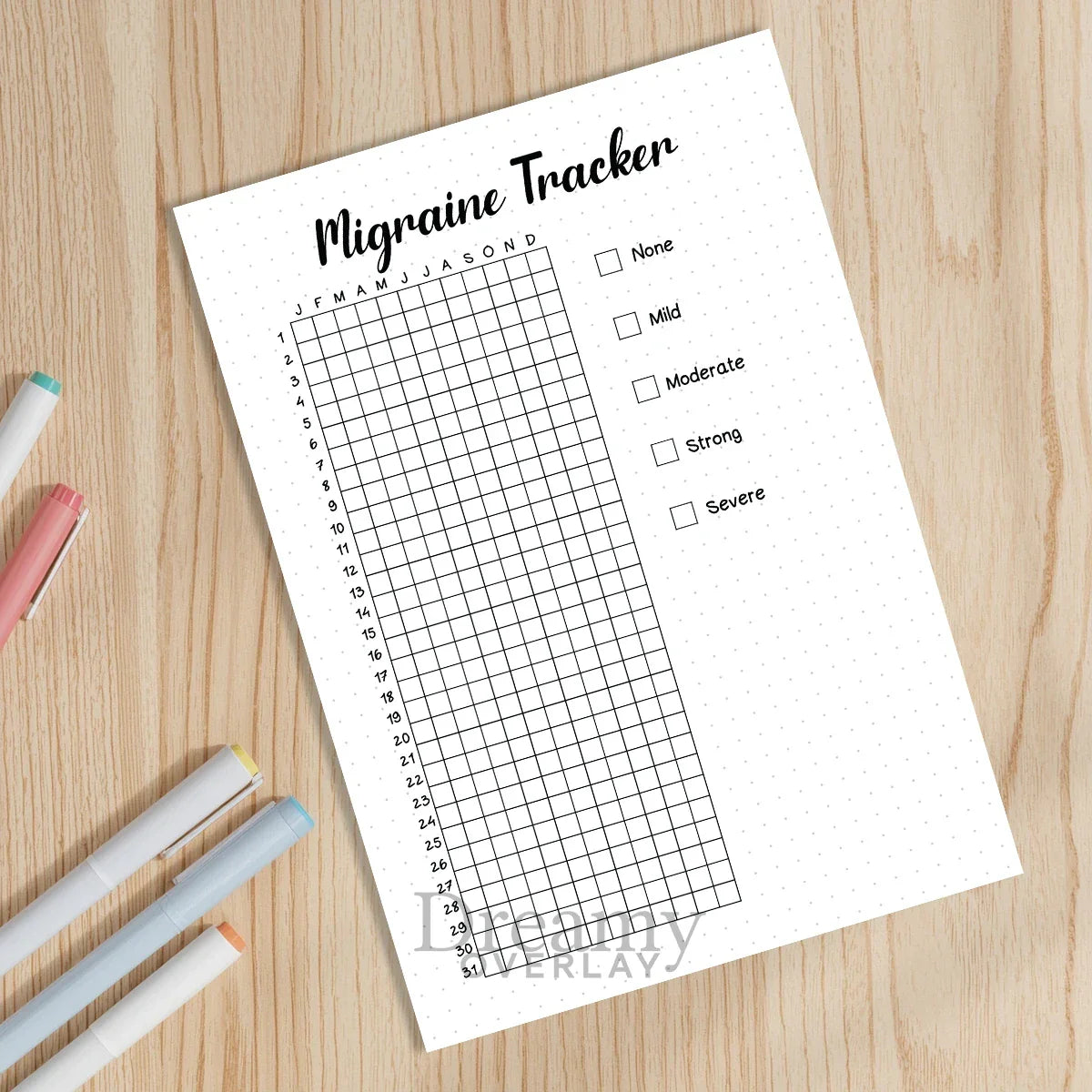 Printable migraine tracker journal page in A4, A5 and US Letter size