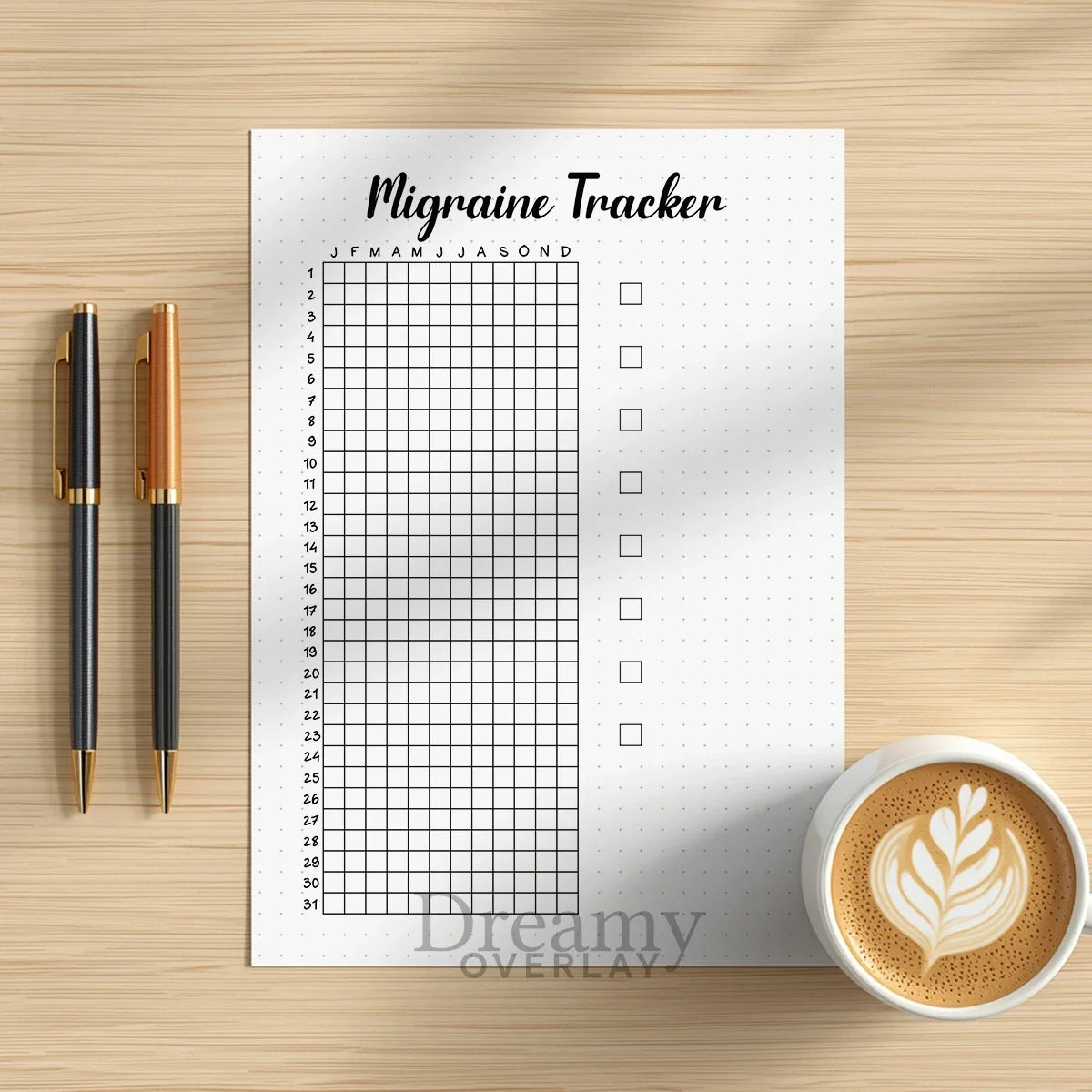 Printable migraine tracker journal page in A4, A5 and US Letter size