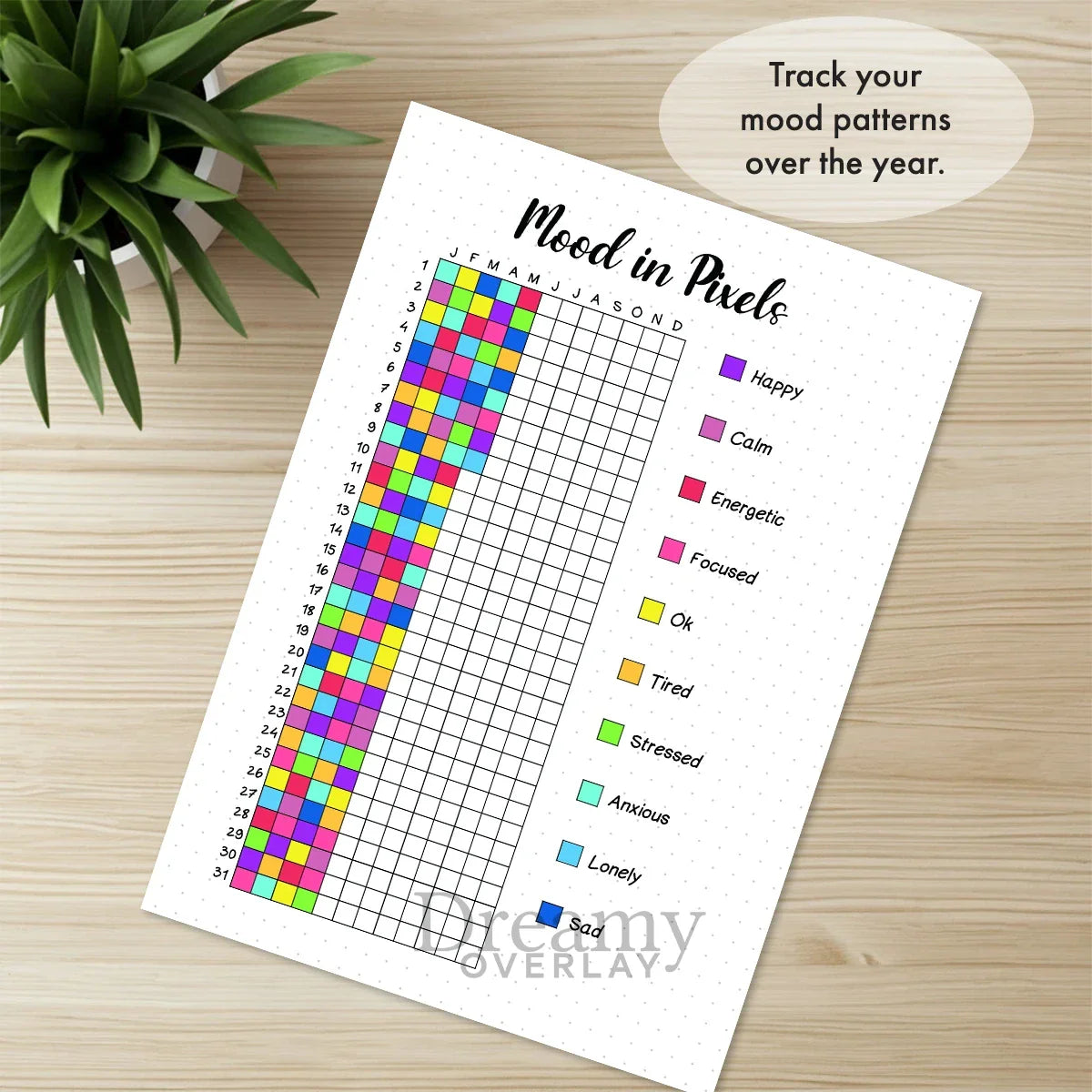 Printable mood in pixels tracker journal page in A4, A5 and US Letter size