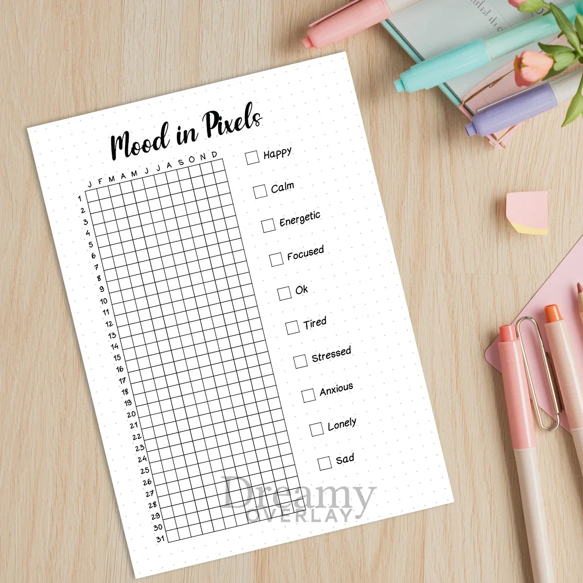 Printable mood in pixels tracker journal page in A4, A5 and US Letter size
